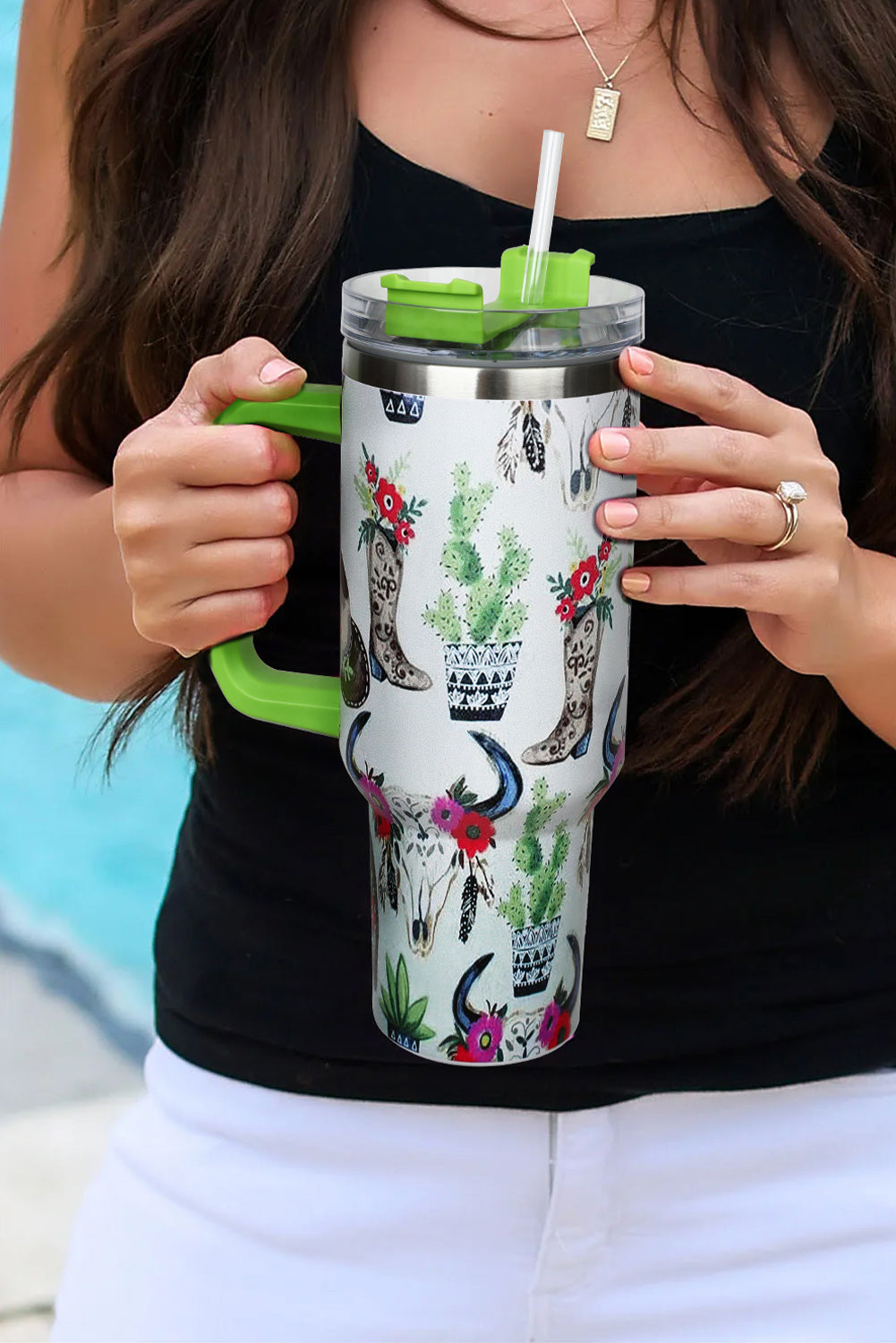 Mint Green Floral Western Fashion Straw Thermos Cup Tumblers JT's Designer Fashion