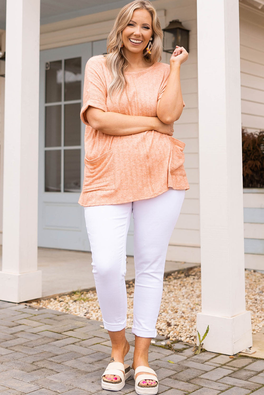 Orange Plus Size Cuffed Short Sleeve Knit Top with Pockets Plus Size JT's Designer Fashion