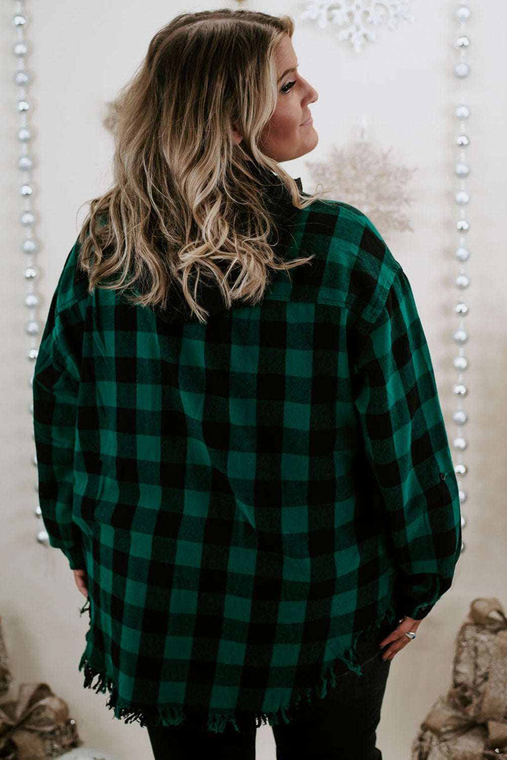 Blackish Green Plus Size Plaid Hooded Distressed Zip-Up Jacket Plus Size JT's Designer Fashion