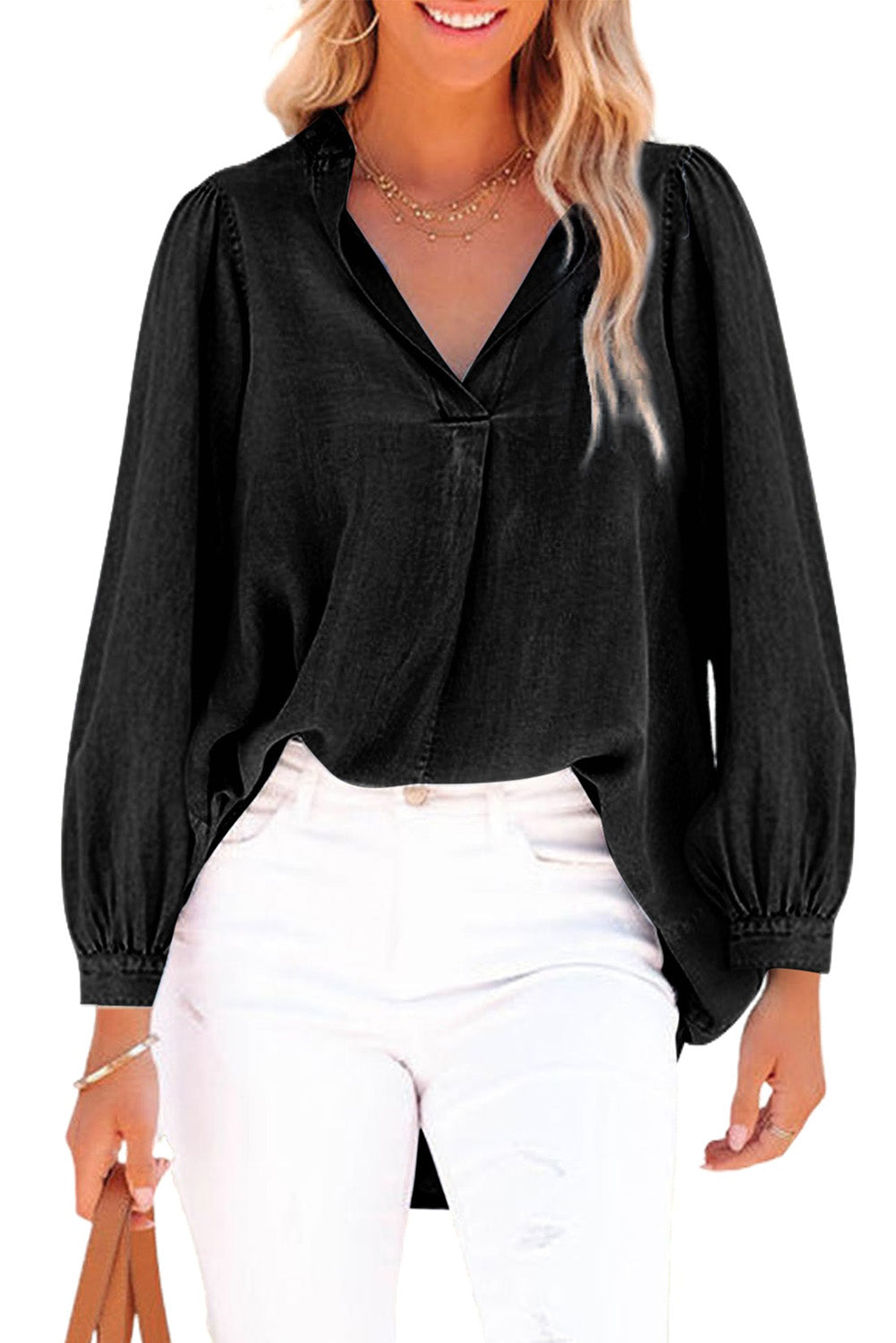 Black Split V-Neck Balloon Sleeve Ruched Denim Top Tops & Tees JT's Designer Fashion