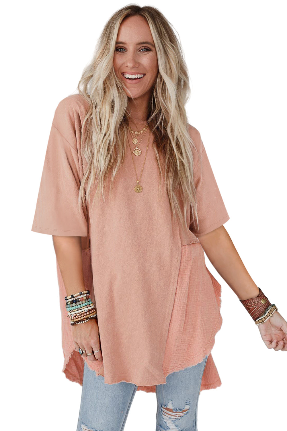 Apricot Pink Half Sleeve Raw Seam Oversized Blouse Tops & Tees JT's Designer Fashion