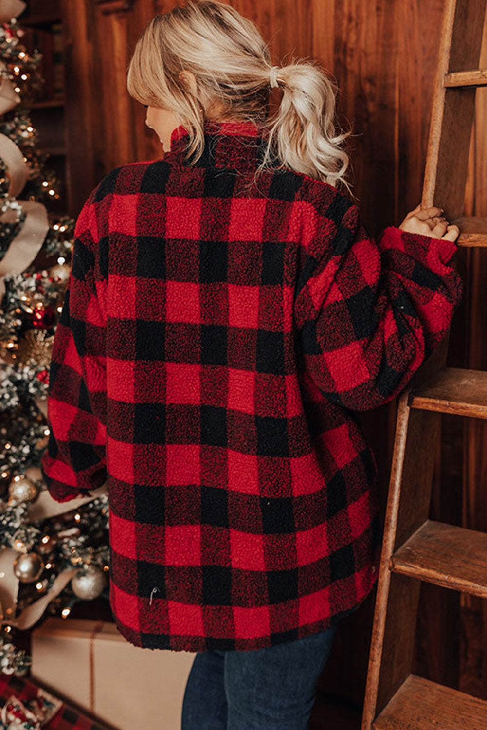 Red Plus Size Buffalo Plaid Sherpa Henley Sweatshirt Plus Size JT's Designer Fashion