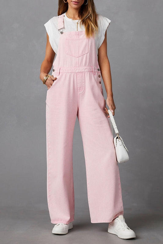 Pink Adjustable Buckle Straps Pocketed Denim Overalls Bottoms JT's Designer Fashion