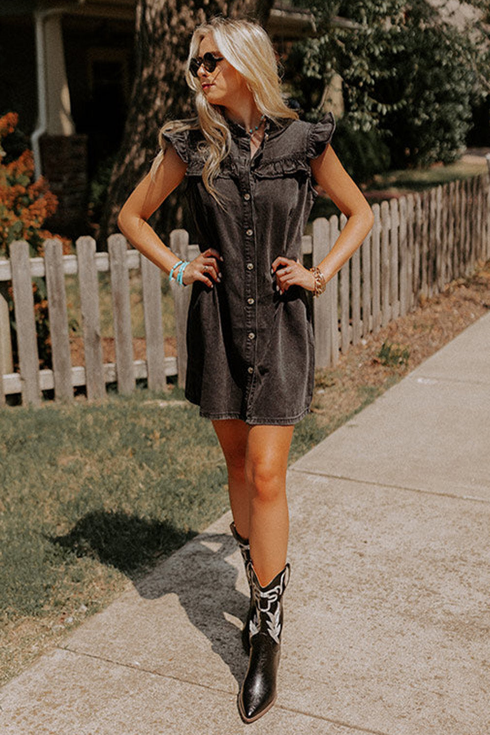 Black Ruffled Cap Sleeves Button Up Denim Dress Mini Dresses JT's Designer Fashion