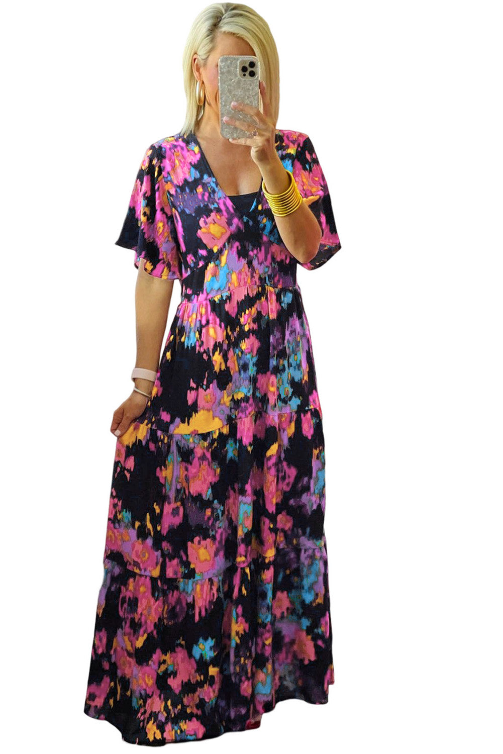 Black Abstract Floral Pattern Flutter Sleeve Tiered Maxi Dress Floral Dresses JT's Designer Fashion