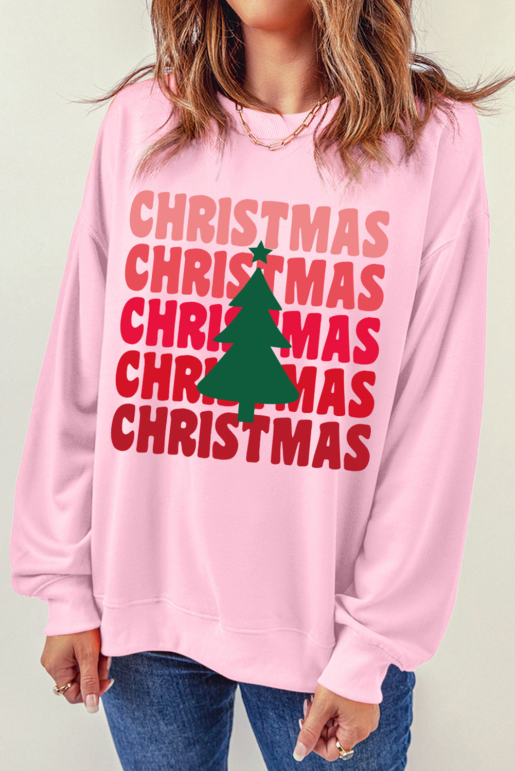 Pink CHRISTMAS Tree Print Drop Shoulder Sweatshirt Graphic Sweatshirts JT's Designer Fashion