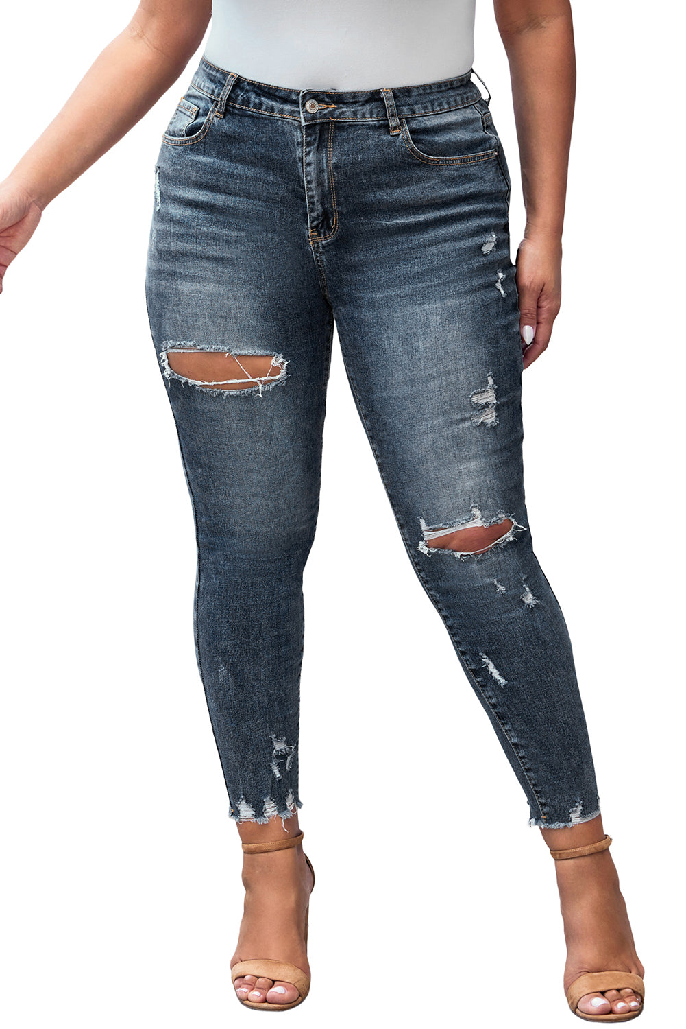 Blue Plus Size Distressed Ankle Length Skinny Jeans Plus Size Bottoms JT's Designer Fashion