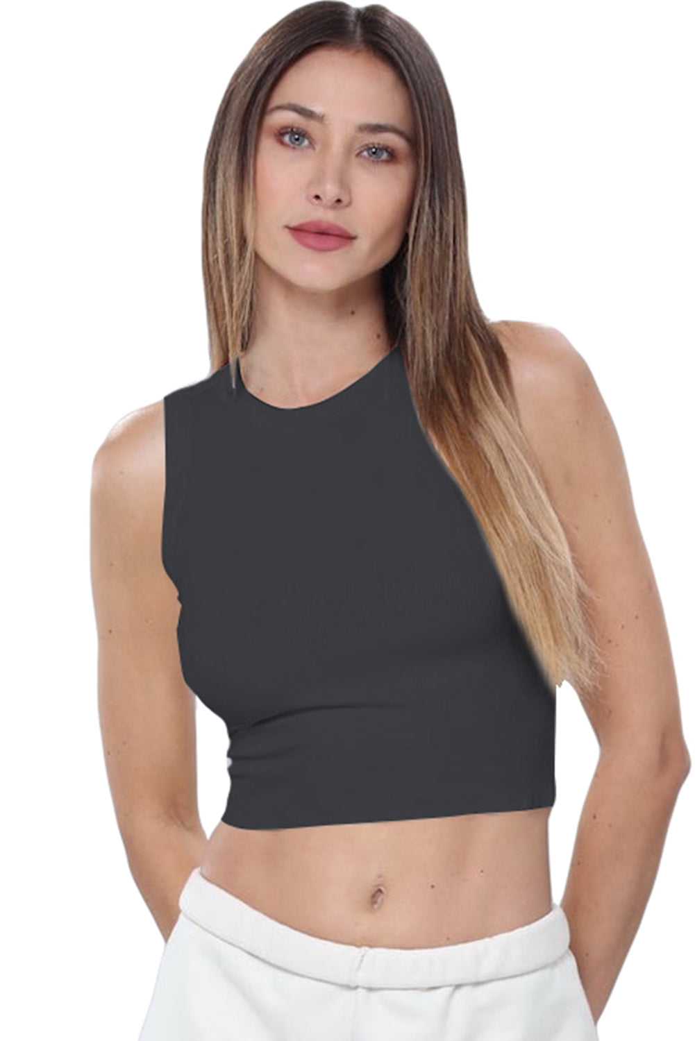 Carbon Grey Solid Color Crop Active Tank Top Tank Tops JT's Designer Fashion