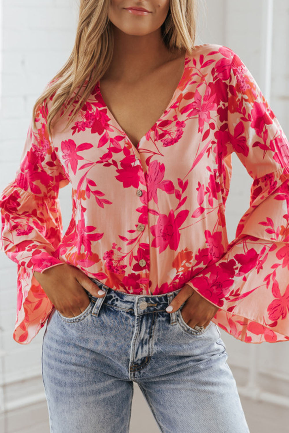 Pink Floral Double Bell Long Sleeve Buttoned Bodysuit Tops & Tees JT's Designer Fashion