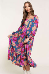 Multicolor Square Neck High Waist Ruffled Floral Dress Dresses JT's Designer Fashion