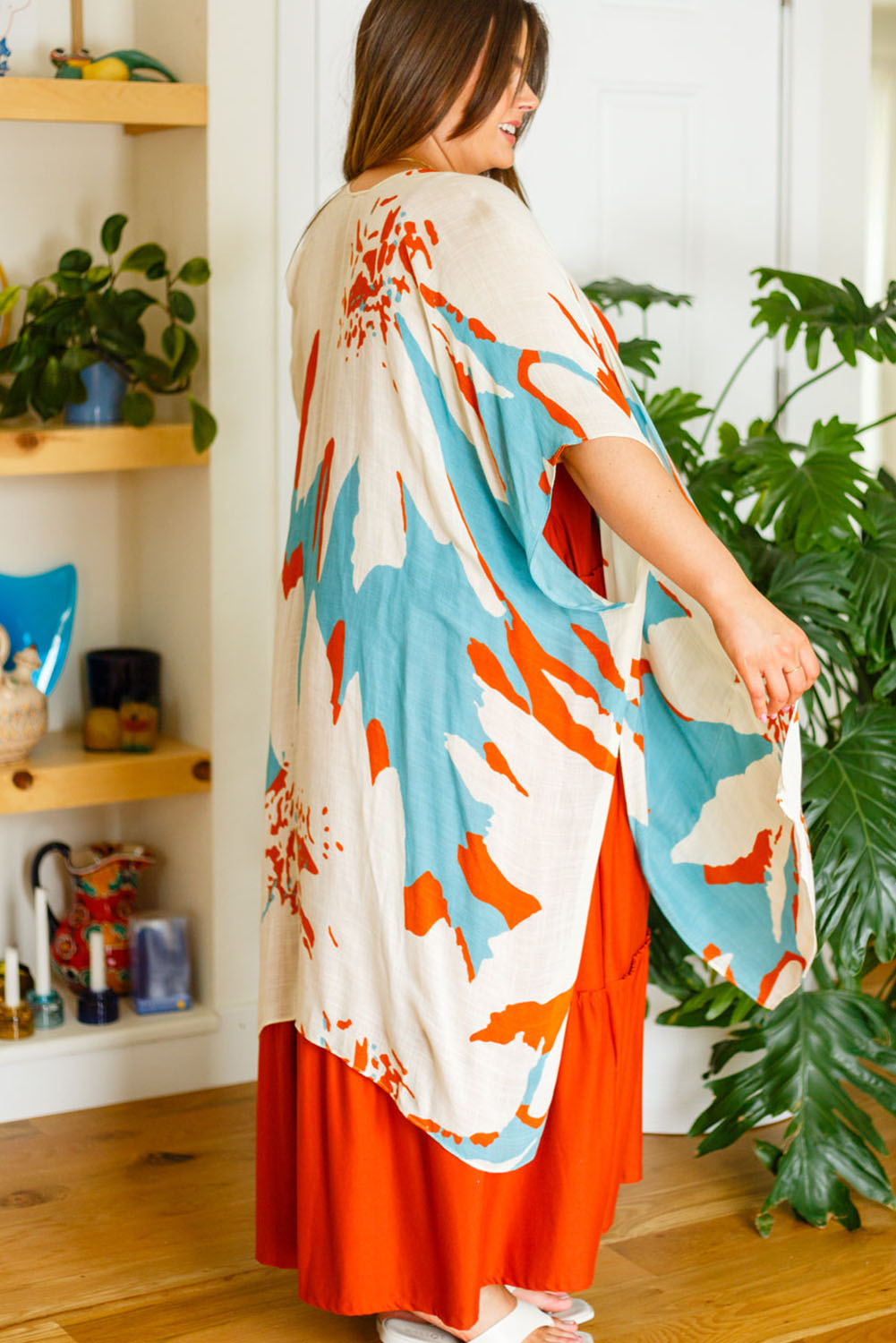 Sky Blue Plus Size Abstract Print Sweeping Kimono Plus Size Tops JT's Designer Fashion