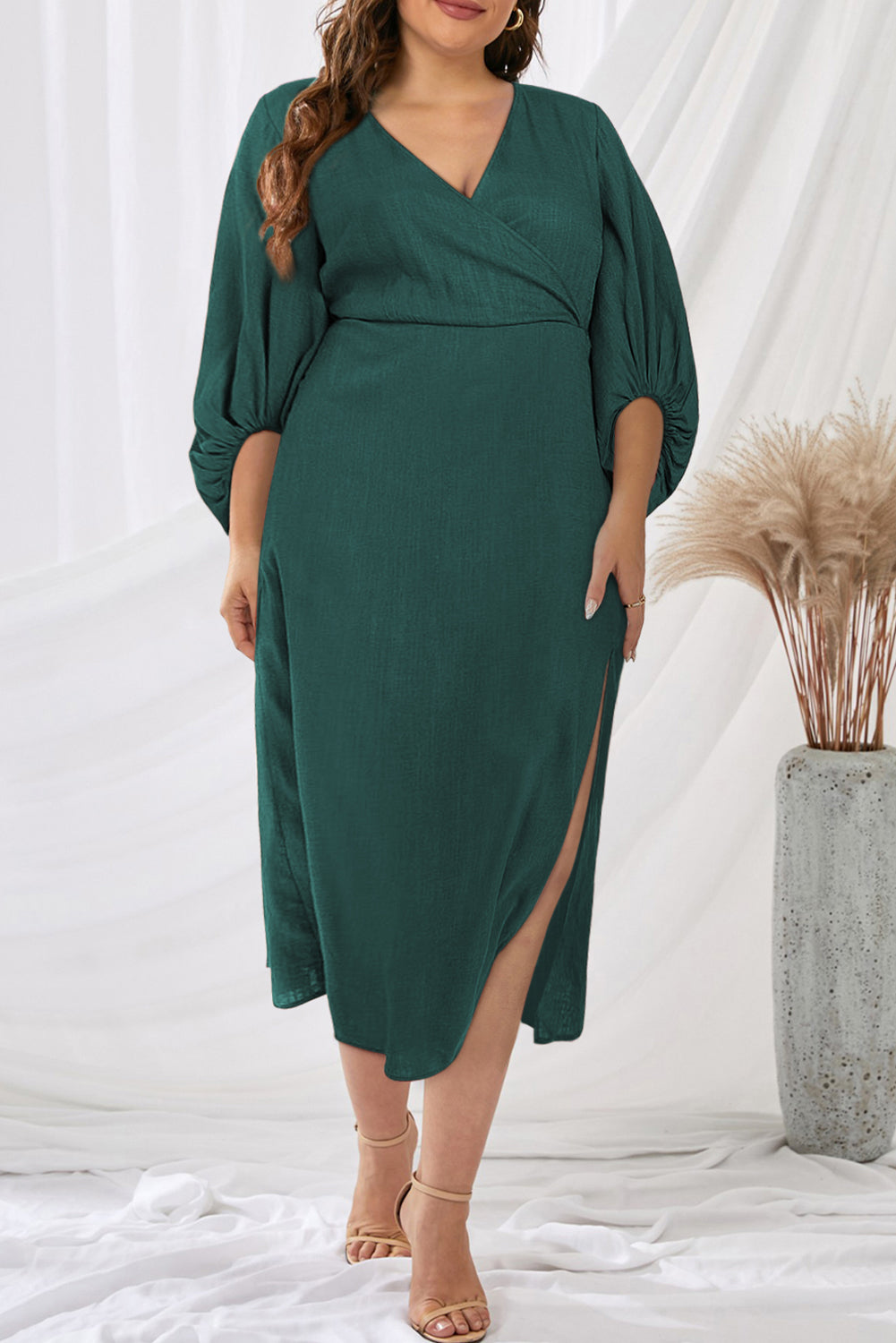 Green Plus Size Surplice Bracelet Sleeve Midi Dress with Slit Plus Size JT's Designer Fashion