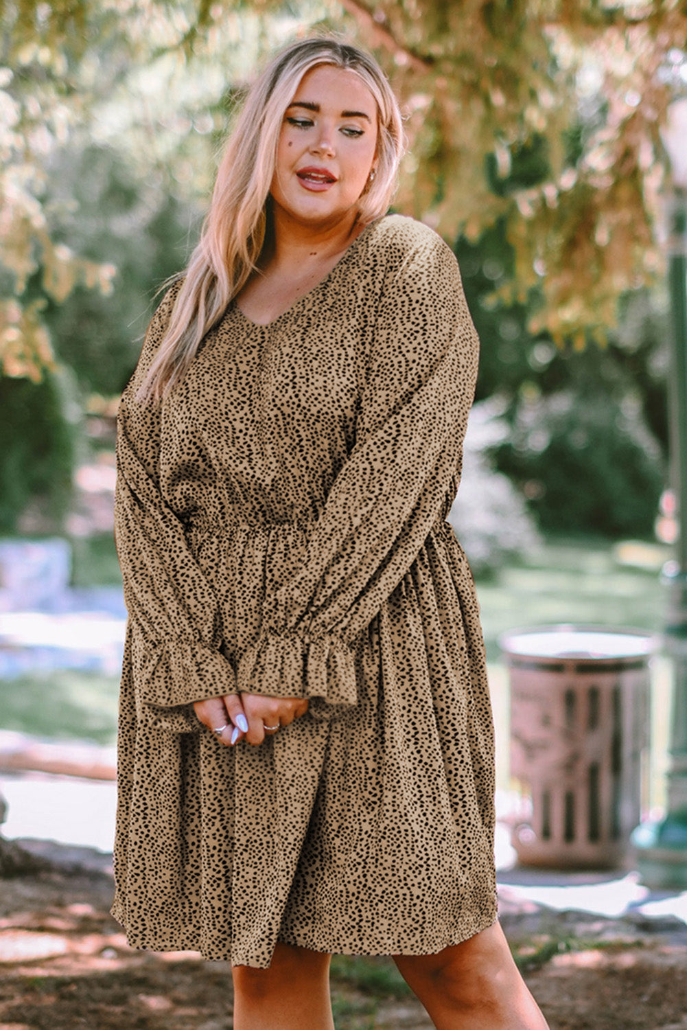 Khaki Plus Size Ruffled Long Sleeve Animal Spotted Print Dress Plus Size Dresses JT's Designer Fashion