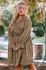 Khaki Plus Size Ruffled Long Sleeve Animal Spotted Print Dress Plus Size Dresses JT's Designer Fashion