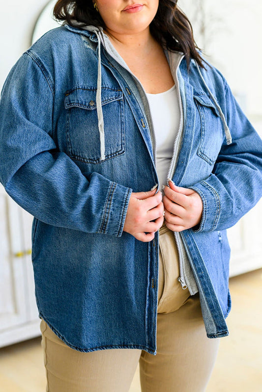 Sky Blue Plus Size Hybrid French Terrry Zip up Hooded Denim Shacket Plus Size JT's Designer Fashion