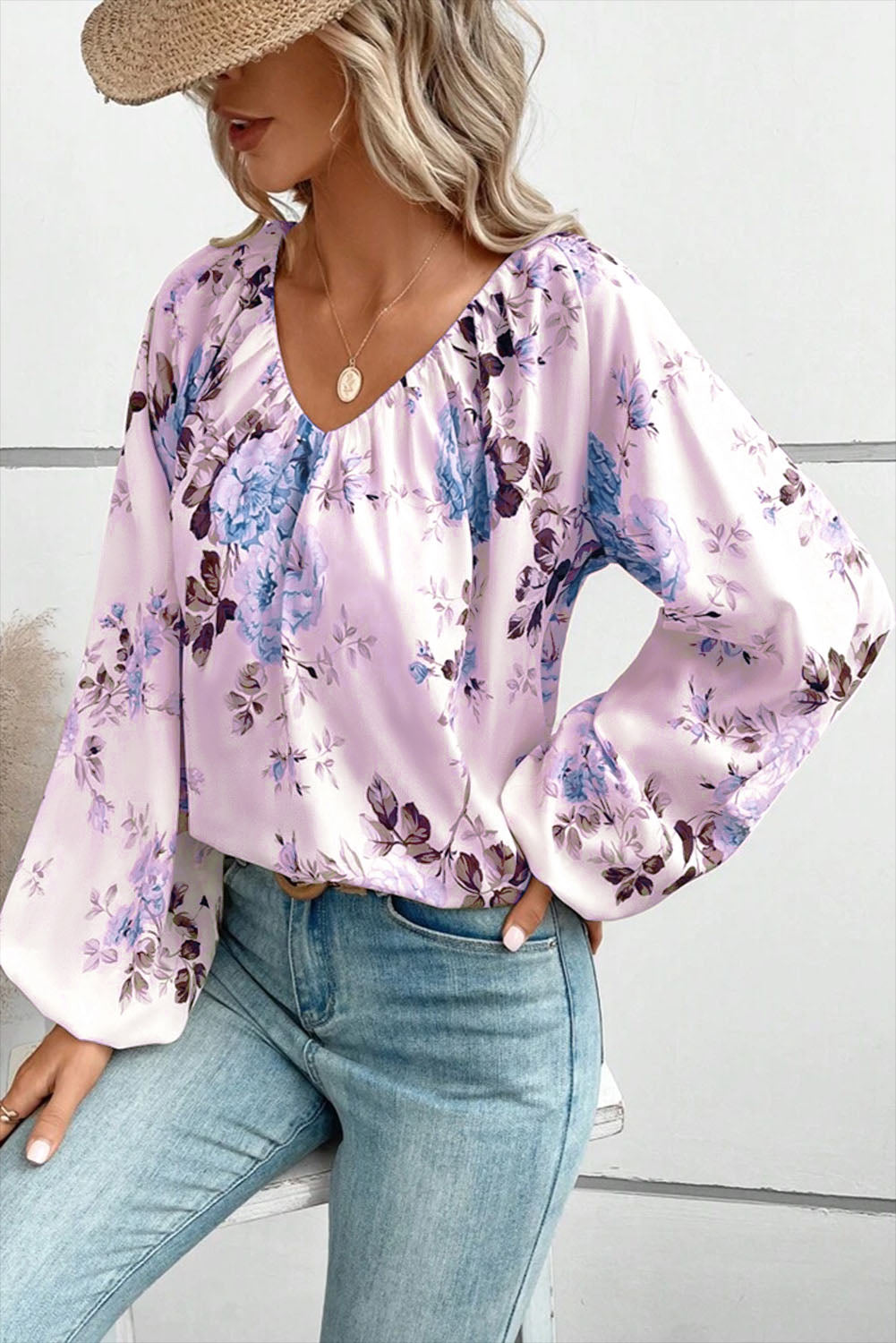 Purple Floral Print Lantern Sleeve V-Neck Blouse Tops & Tees JT's Designer Fashion