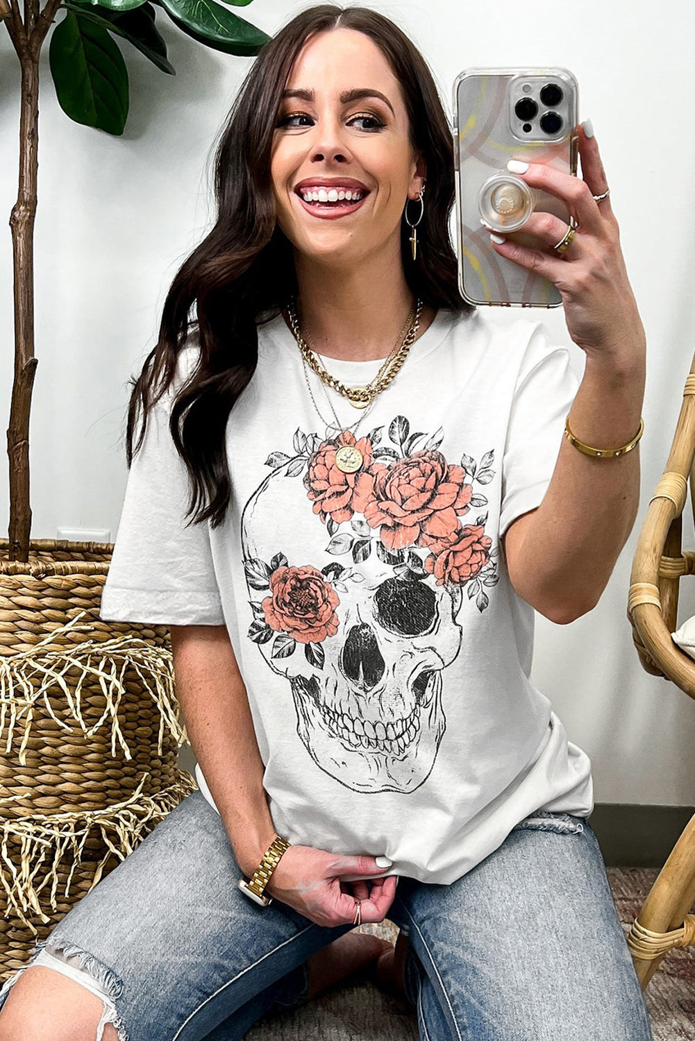 White Skull Flower Oversized Graphic Tee Graphic Tees JT's Designer Fashion