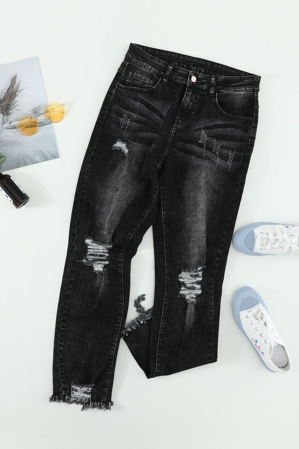 Black Ripped Slim Fit Washed Jeans Jeans JT's Designer Fashion