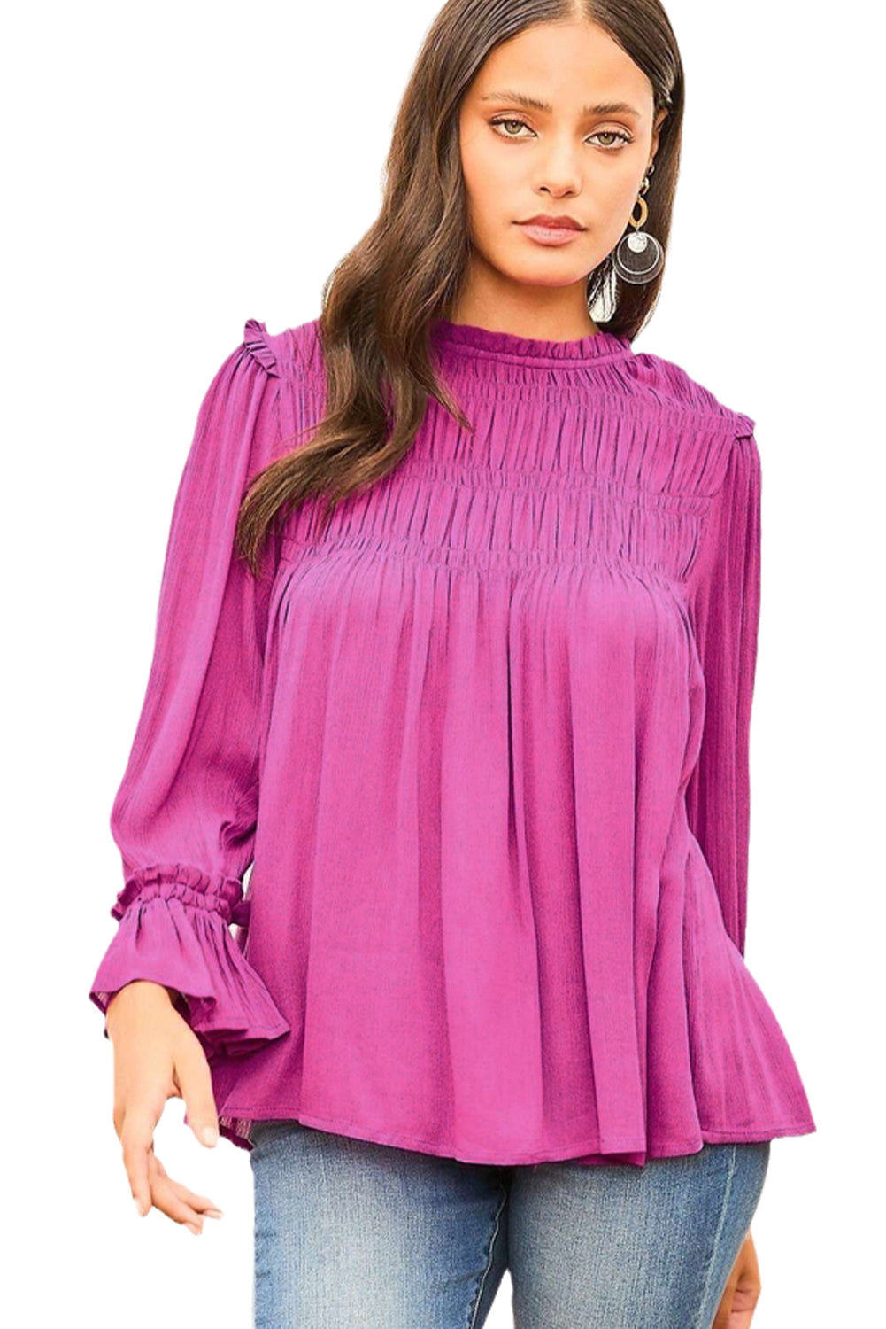 Bright Pink Shirred Button Keyhole Back Flounce Sleeve Blouse Blouses & Shirts JT's Designer Fashion