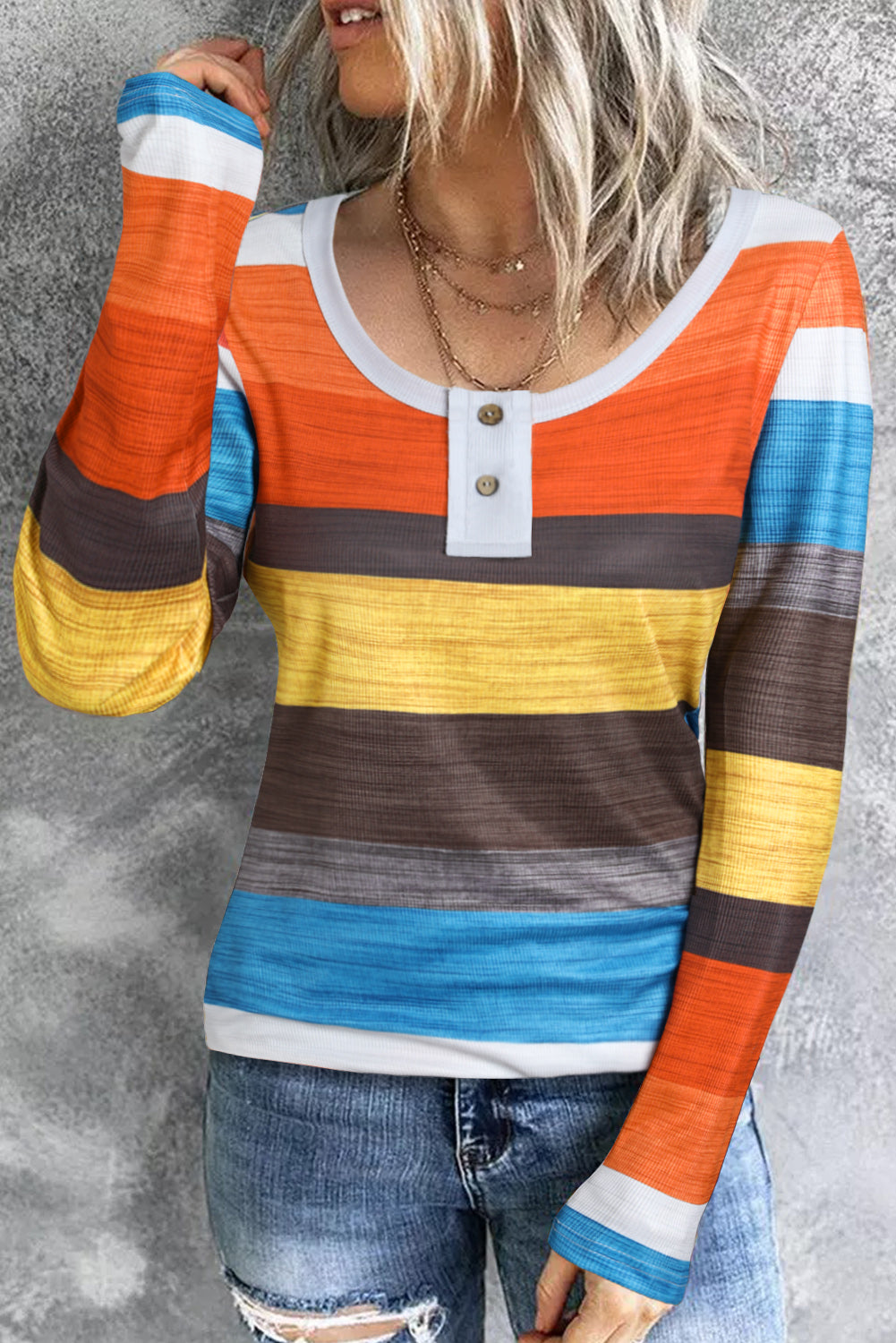 Stripe Multicolor Knit Button Notched Neck Top Stripe 95%Polyester+5%Elastane Long Sleeve Tops JT's Designer Fashion