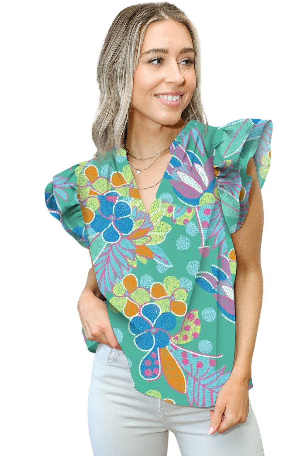 Green Blue Split V Neck Flutter Floral Top Tops & Tees JT's Designer Fashion