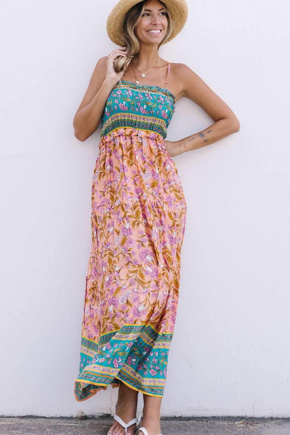 Floral Print Bodice Spaghetti Strap Maxi Dress Maxi Dresses JT's Designer Fashion