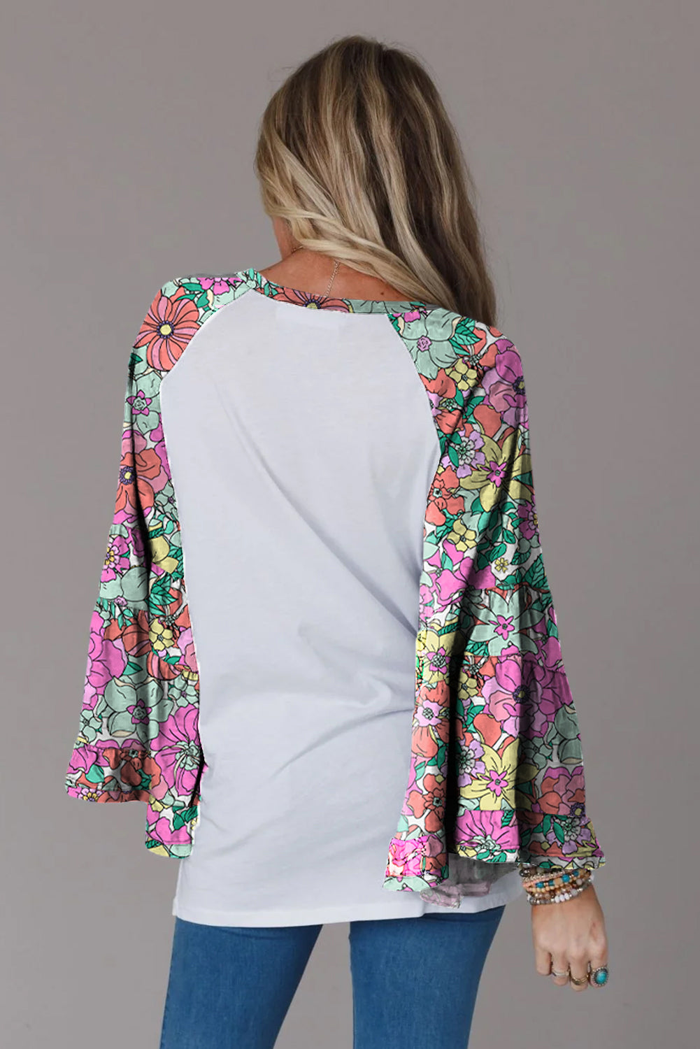 Multicolor-2 Floral/Geometric Print Raglan Sleeve Split Top Tops & Tees JT's Designer Fashion