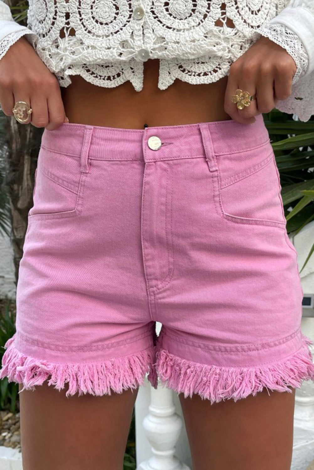 Pink Frayed Edge High Rise Denim Shorts Bottoms JT's Designer Fashion