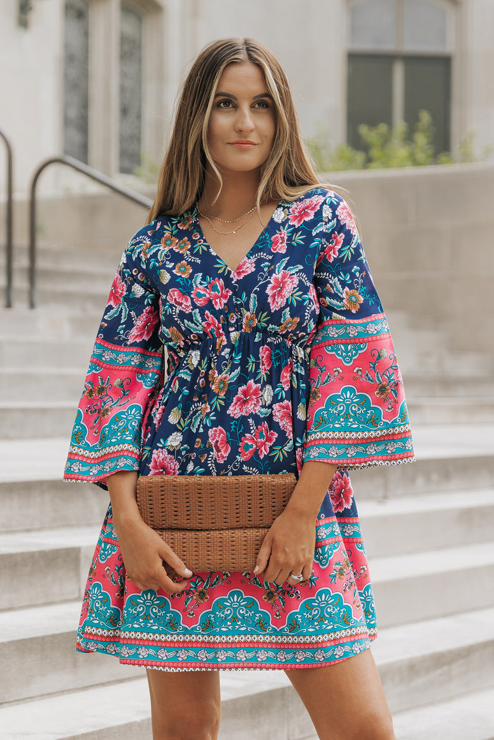 Blue Boho Empire Waist Bracelet Sleeve Floral Dress Dresses JT's Designer Fashion