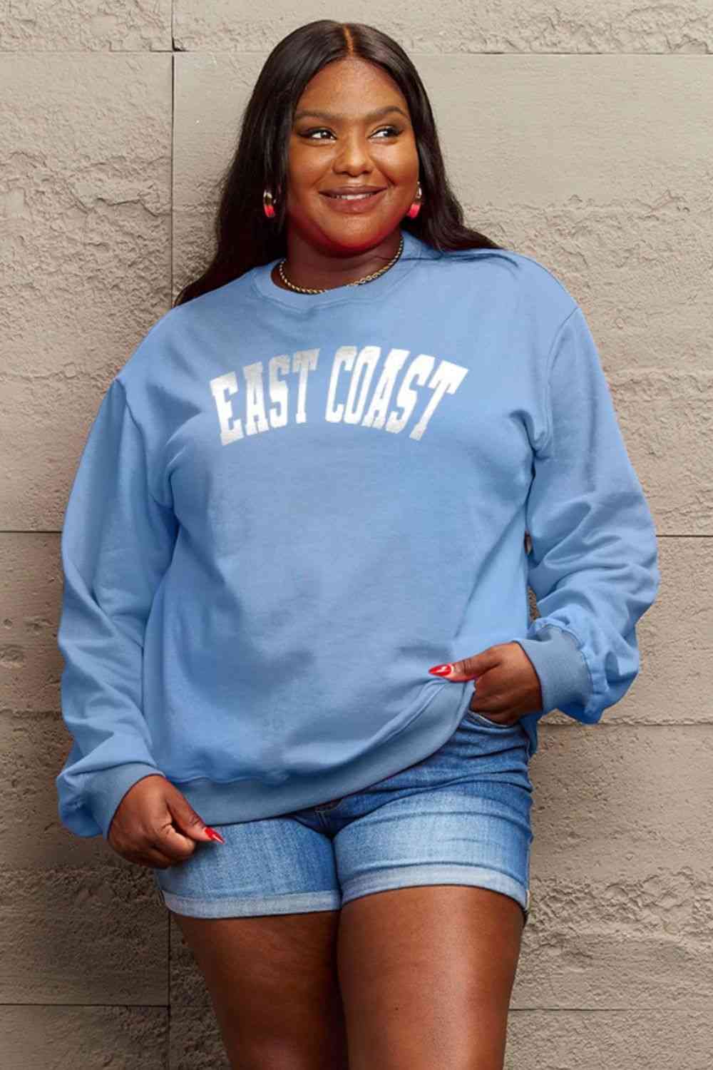 Simply Love Full Size KARMA Graphic Sweatshirt Misty Blue Graphic Sweatshirts JT's Designer Fashion