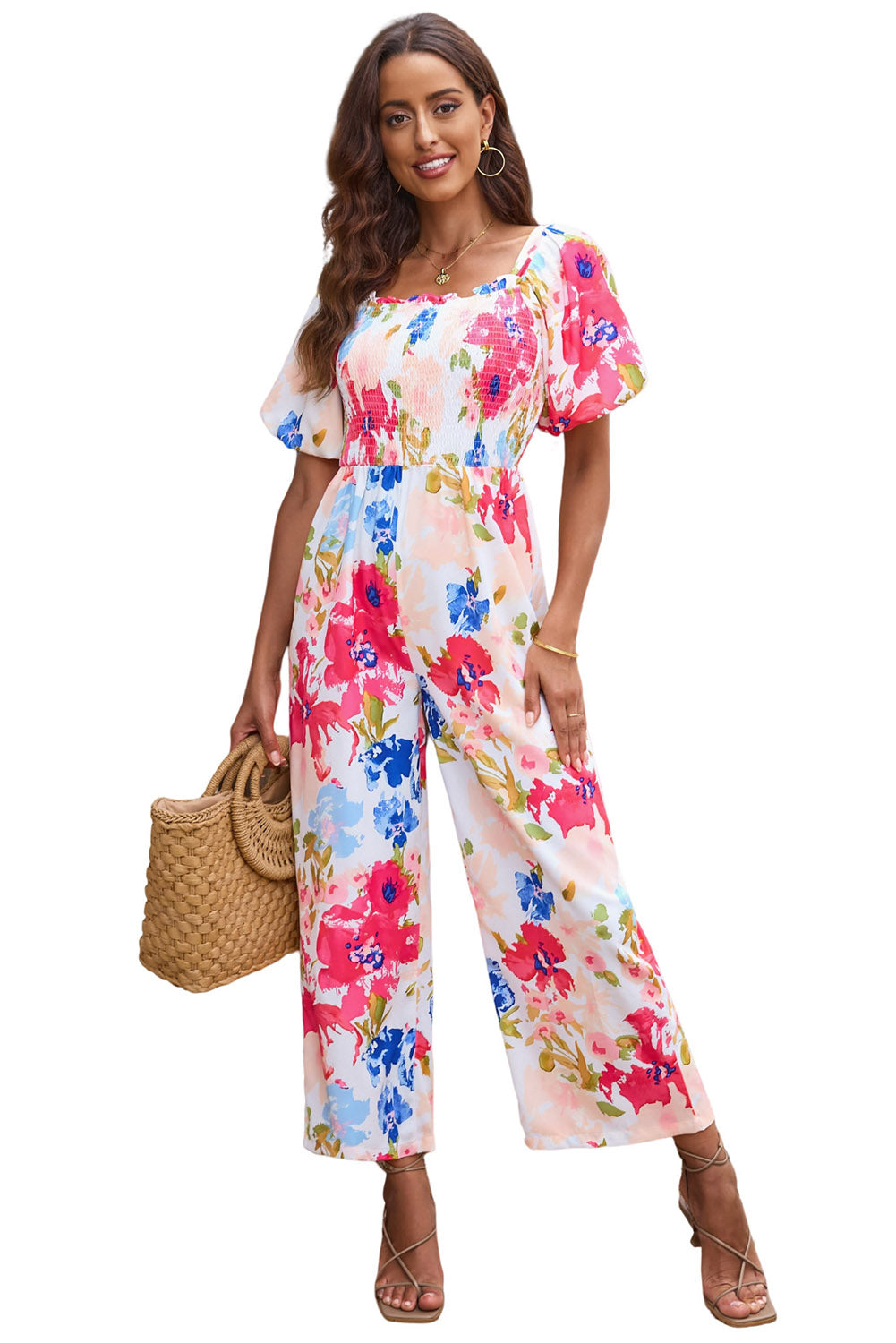 Multicolor Floral Print Smocked Puff Sleeve Jumpsuit Jumpsuits & Rompers JT's Designer Fashion