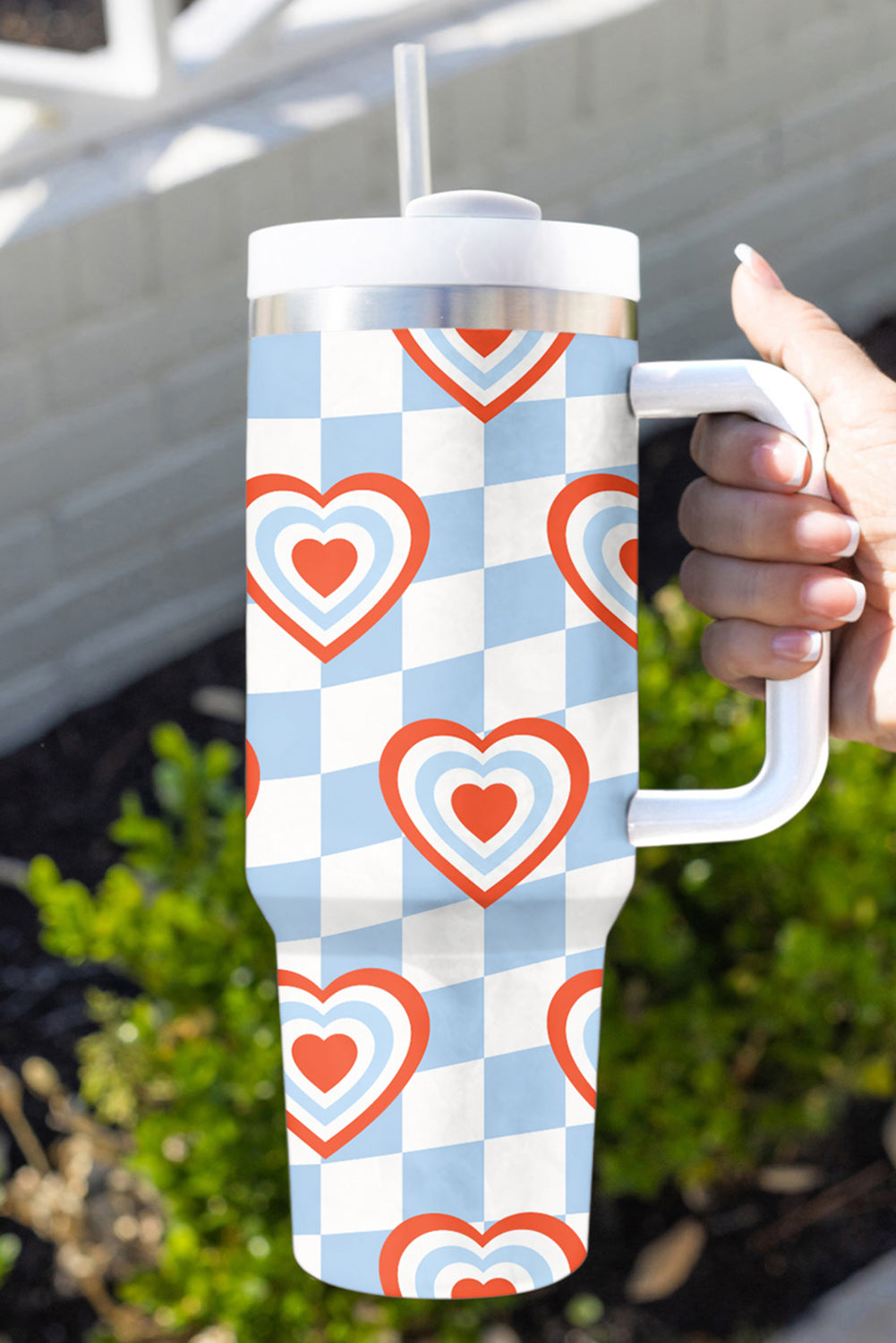 Mist Blue Heart Print Checkered Stainless Thermos Cup Tumblers JT's Designer Fashion