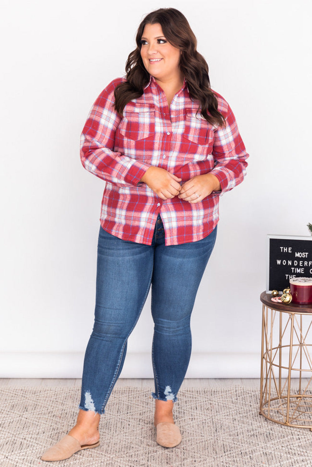 Red Plus Size Plaid Print Flap Pockets Shirt Plus Size JT's Designer Fashion