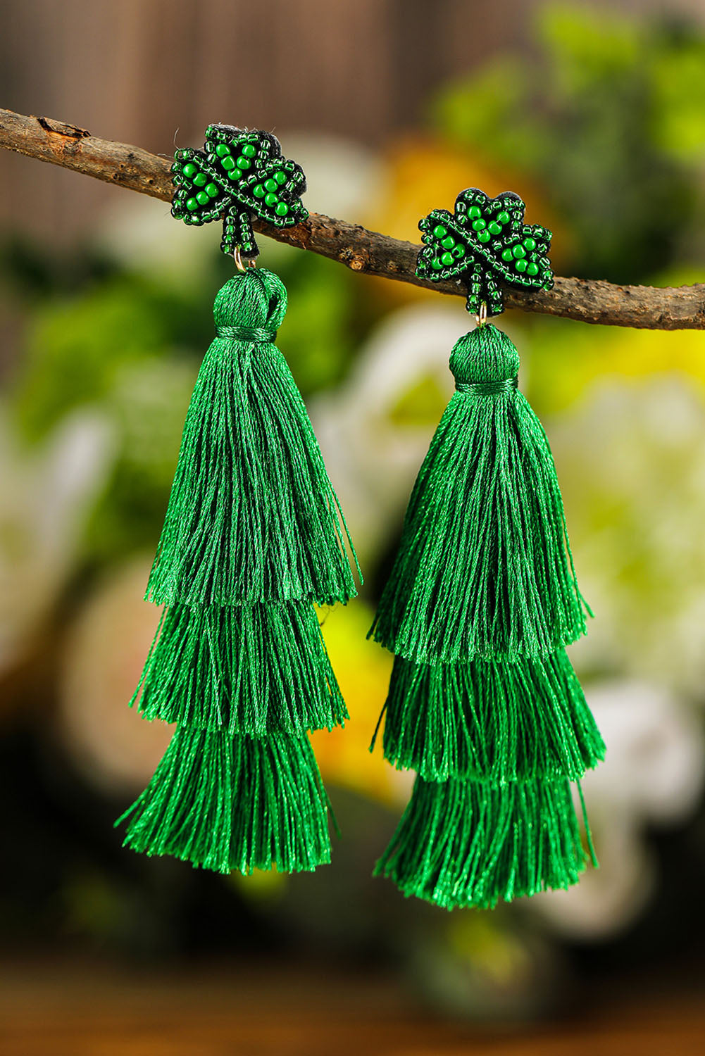 Green St. Patricks Day Beaded Layered Tassel Earrings Jewelry JT's Designer Fashion