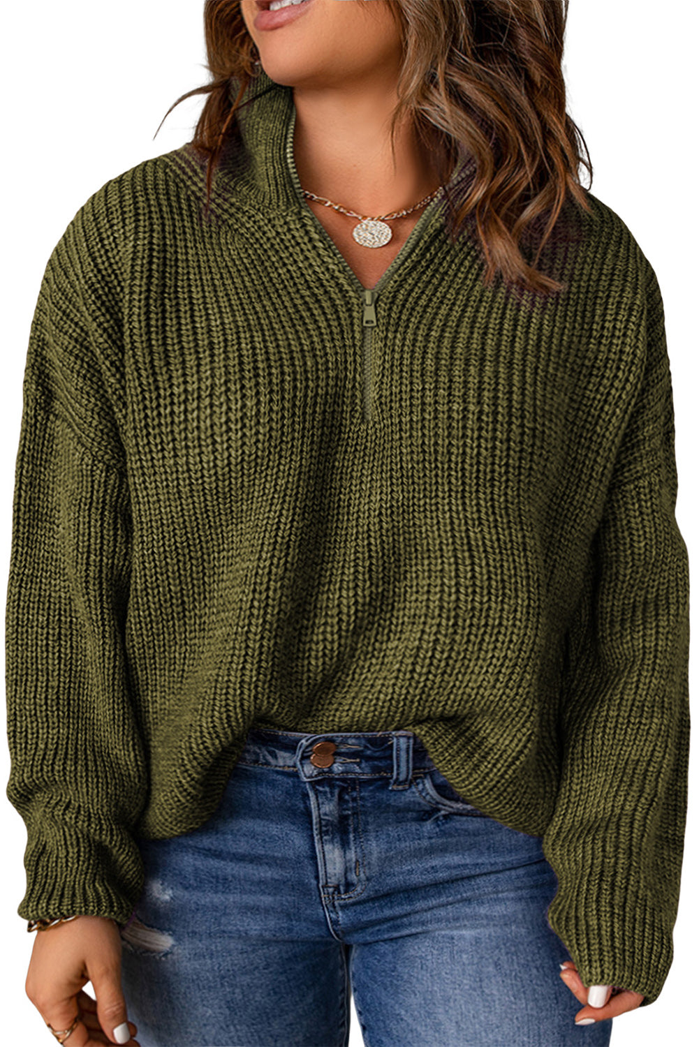 Green Quarter-Zip Thermal Plus Size Sweater Plus Size JT's Designer Fashion