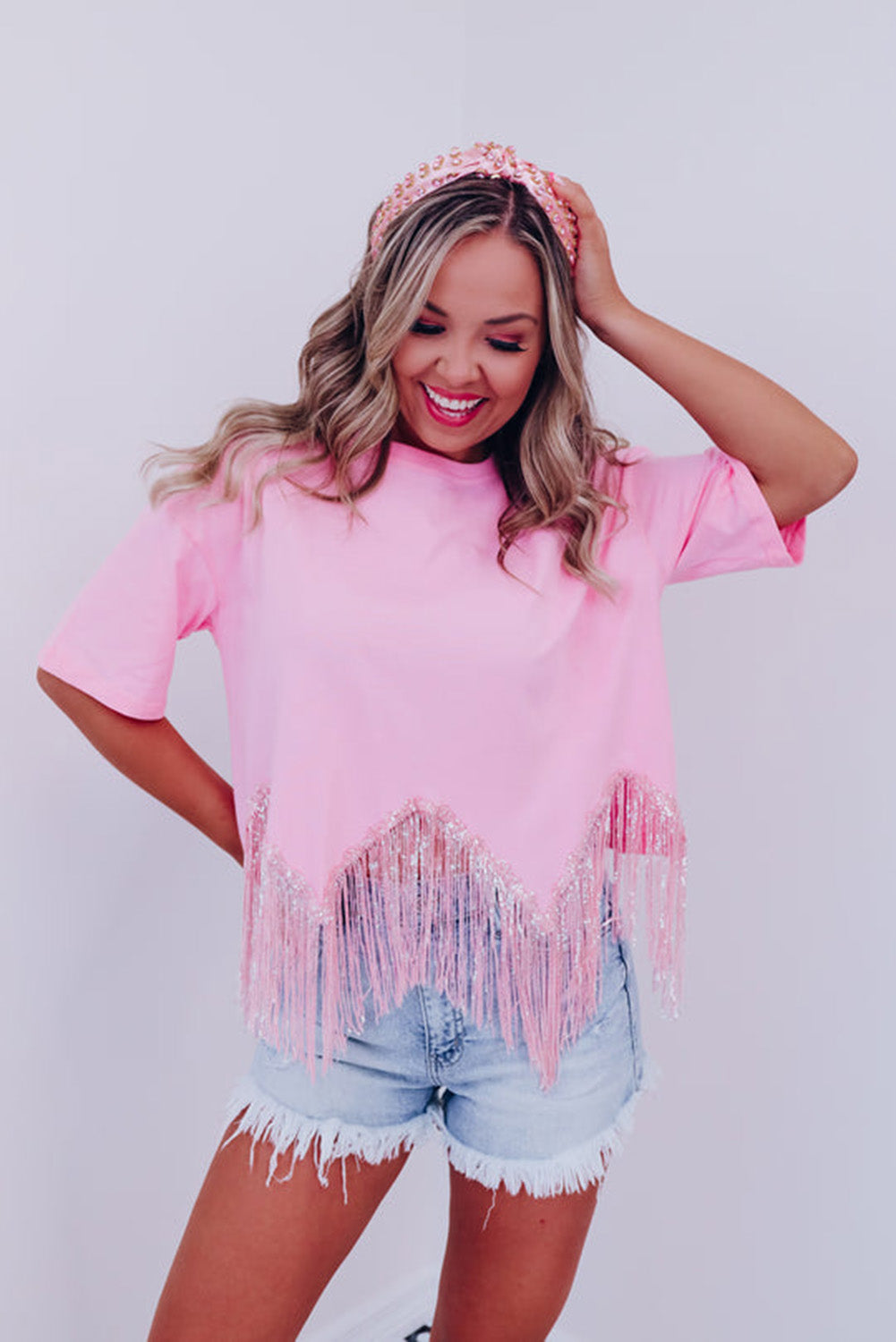 Pink Fringed Sequin Crop T-shirt Tops & Tees JT's Designer Fashion