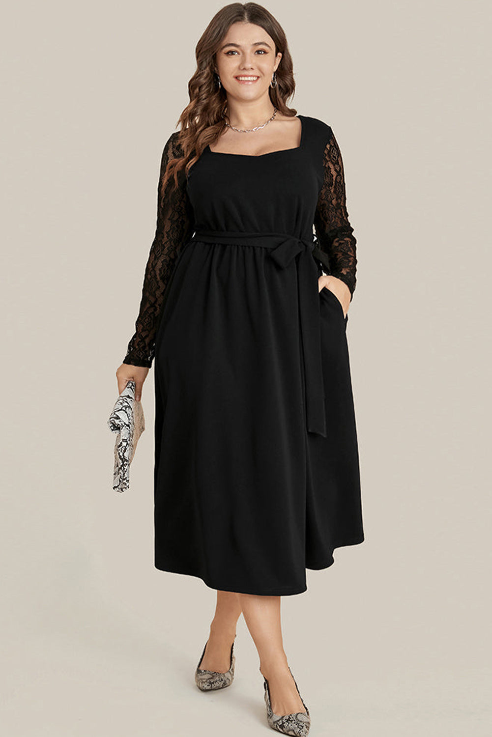 Black Plus Size Sheer Lace Sleeve Belted Ruffle Midi Dress Plus Size JT's Designer Fashion