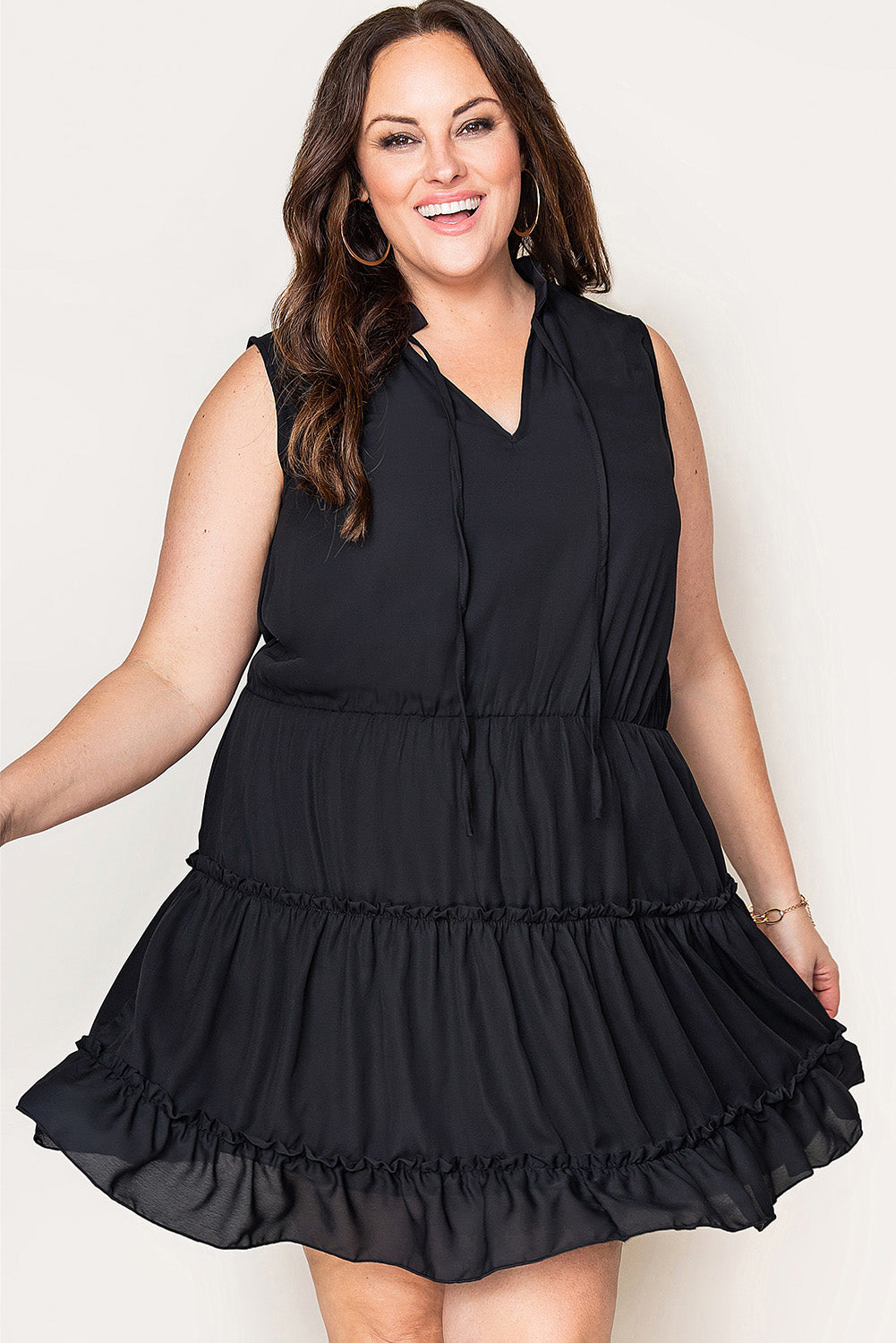 Black Plus Size Drawstring V-Neck Sleeveless Frilled Dress Plus Size JT's Designer Fashion