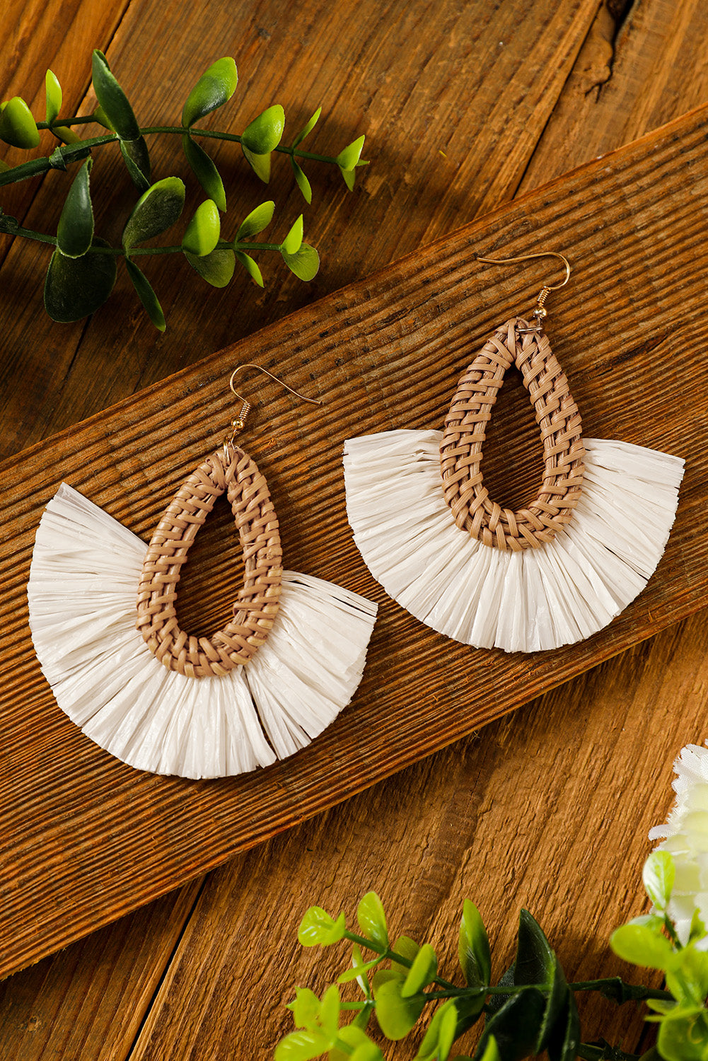 Beige Bohemian Semi-circle Woven Drop Earrings Jewelry JT's Designer Fashion