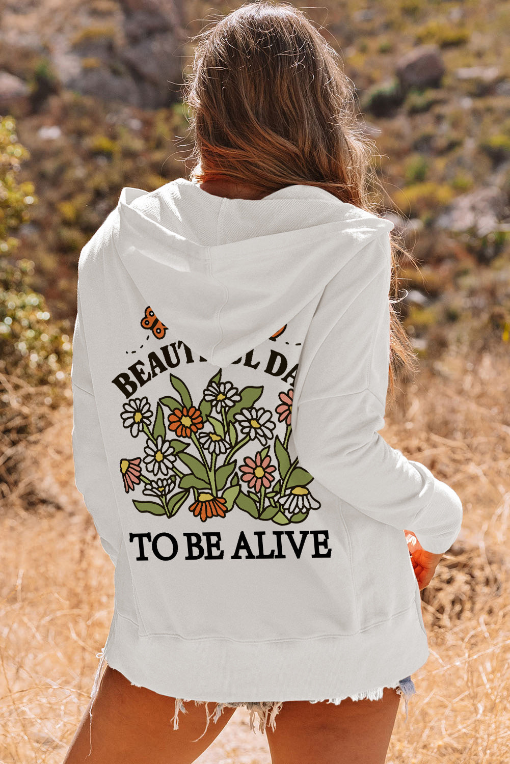 White Back Slogan & Flower Print Pocket Henley Hoodie Graphic Sweatshirts JT's Designer Fashion