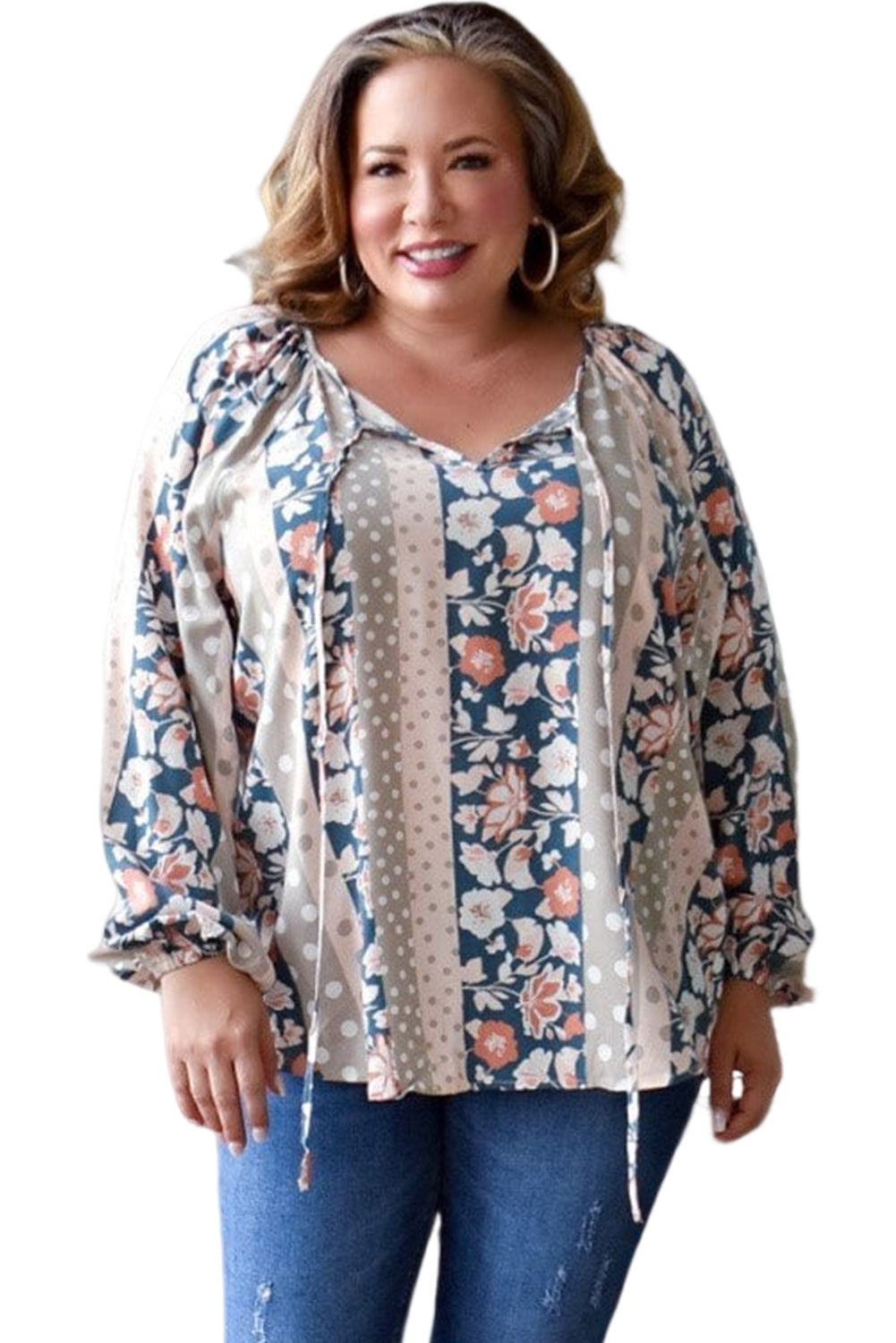 Multicolor Plus Size Mixed Print Split Neck Blouse Plus Size JT's Designer Fashion