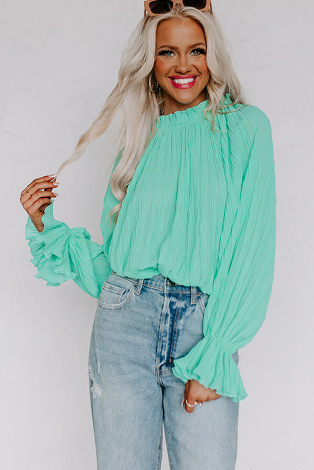 Green Striking Pleated Flared Cuff Long Sleeve Blouse Tops & Tees JT's Designer Fashion