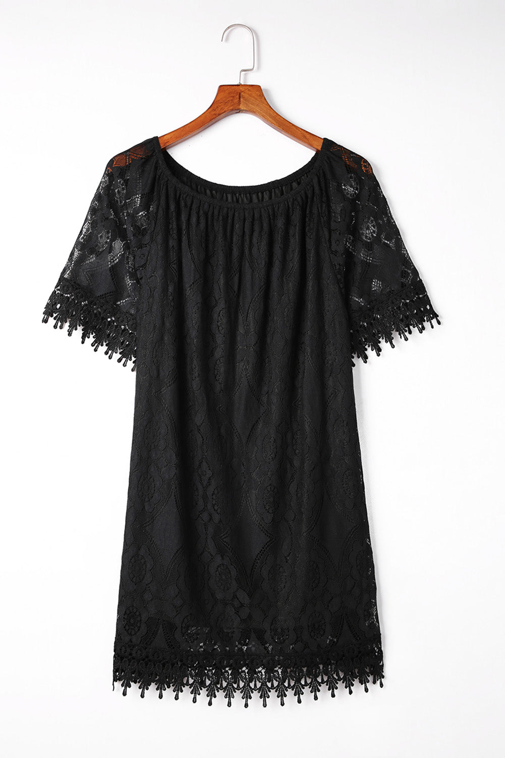 Black Round Neck Short Sleeve Loose Lace Dress Mini Dresses JT's Designer Fashion