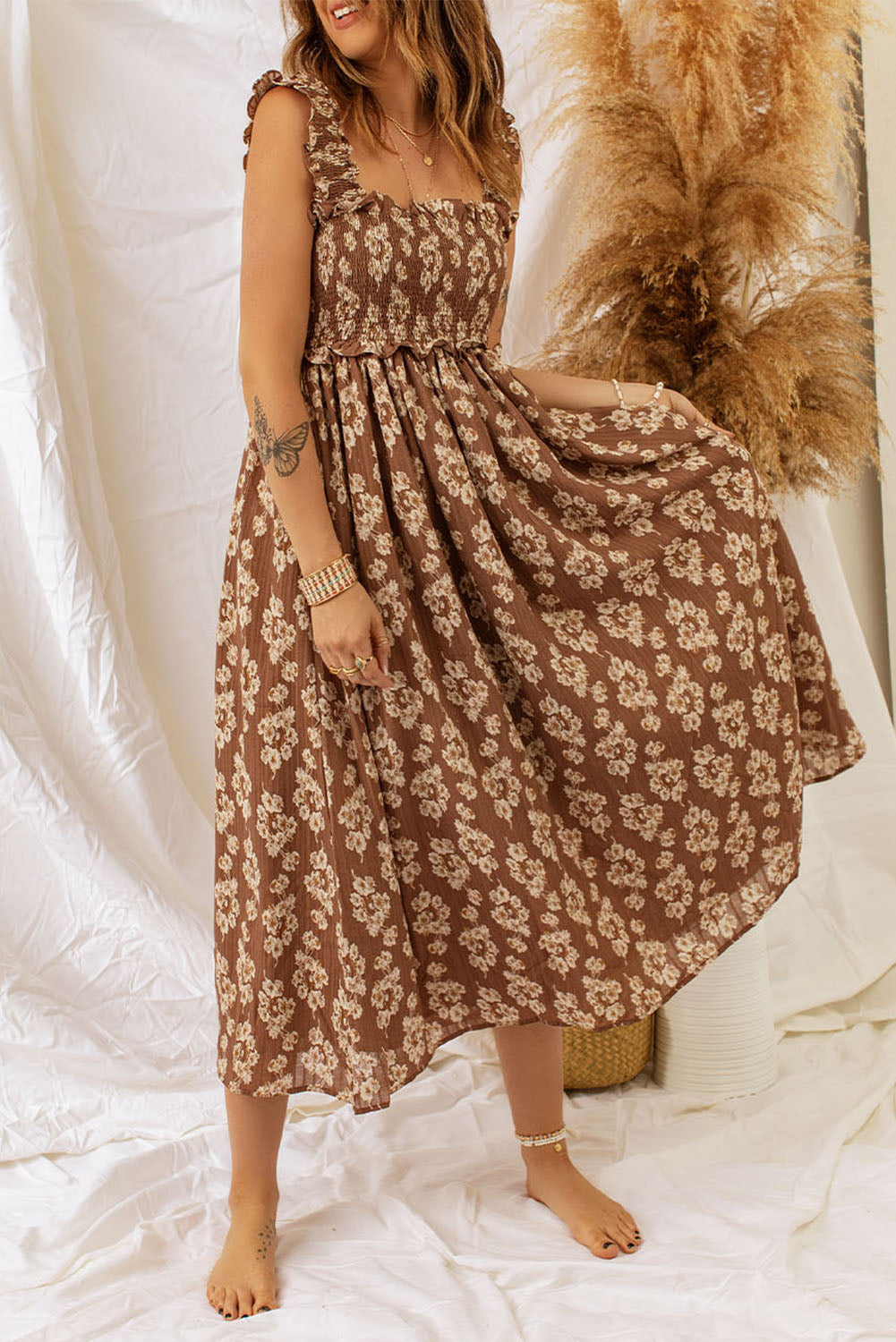 Brown Ruffled Straps Smocked Floral Maxi Dress Floral Dresses JT's Designer Fashion