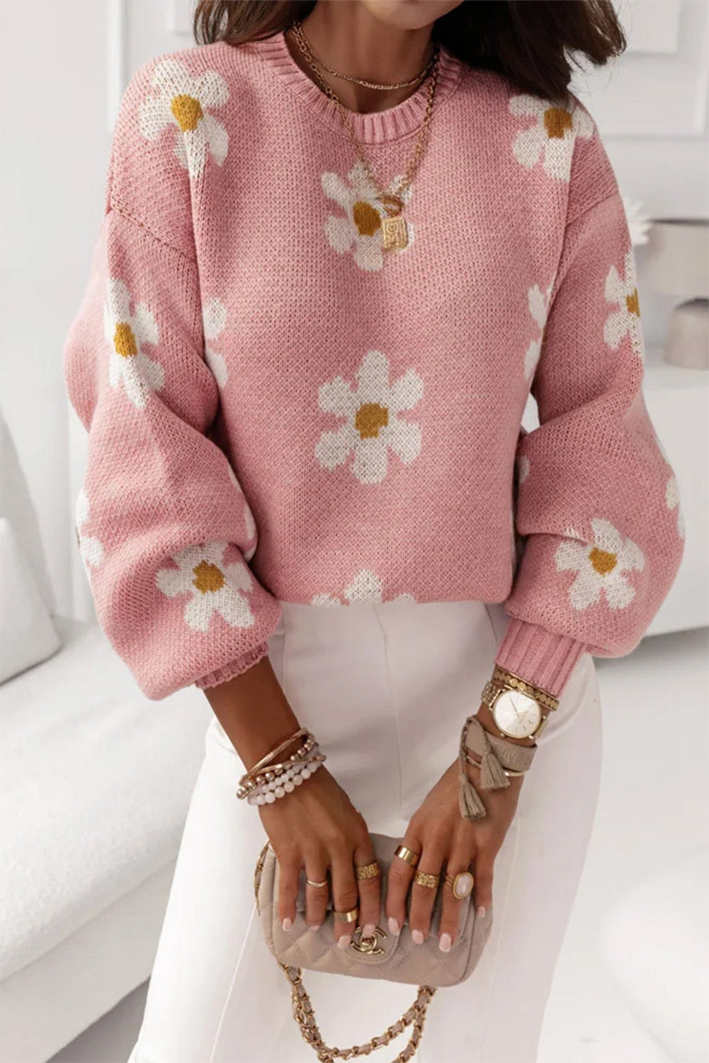 Pink Plus Size Drop Shoulder Flower Pattern Knit Sweater Plus Size JT's Designer Fashion