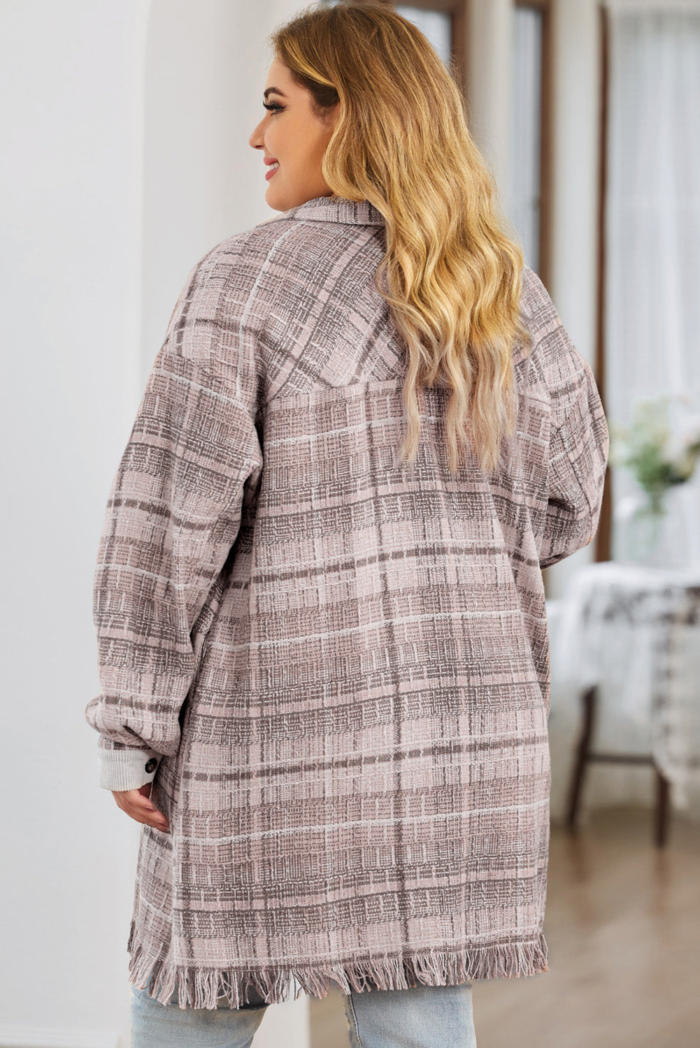 Pink Plus Size Plaid Tassel Hem Coat Plus Size JT's Designer Fashion