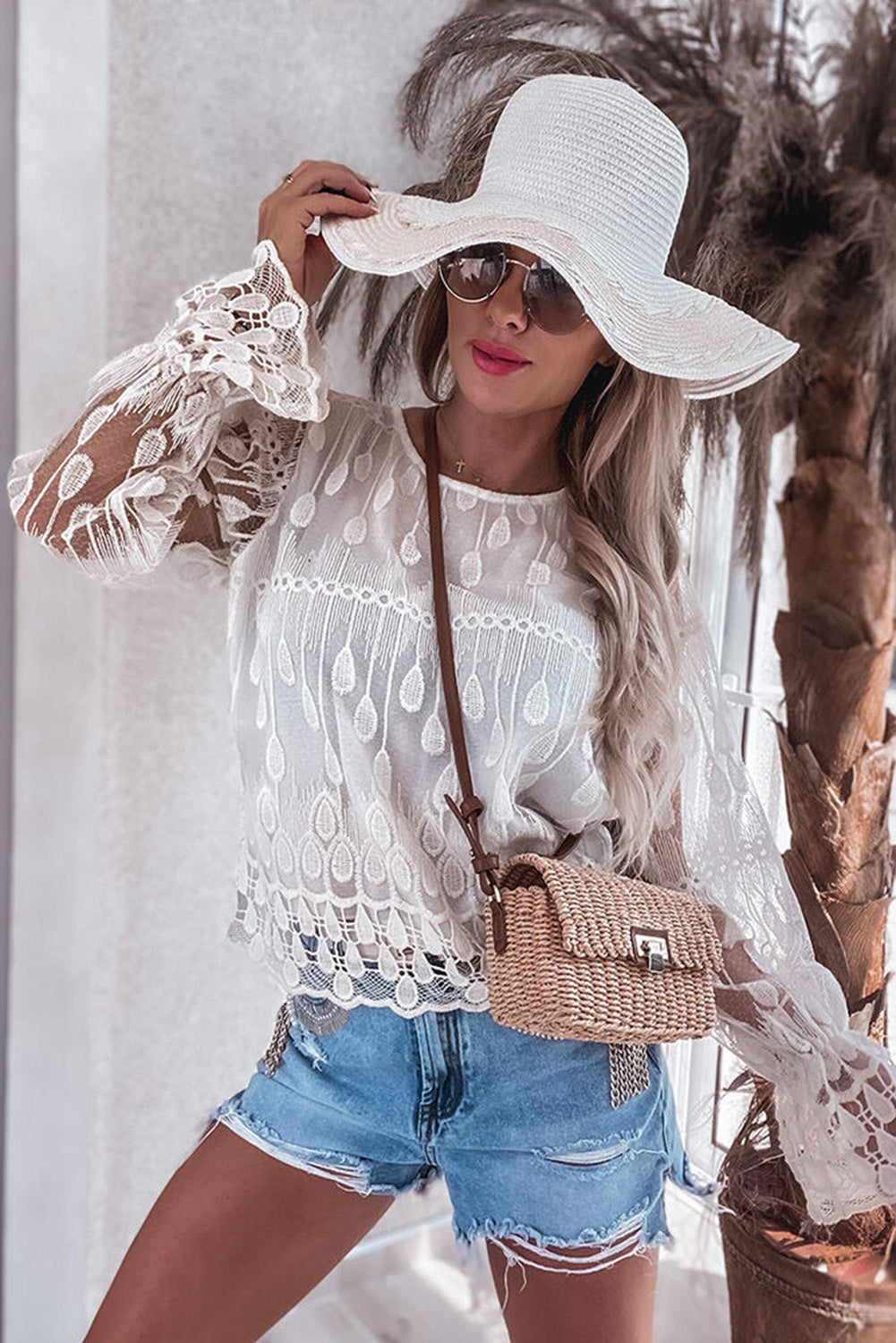 Beige Embroidered Mesh Flounce Sleeve Blouse Tops & Tees JT's Designer Fashion