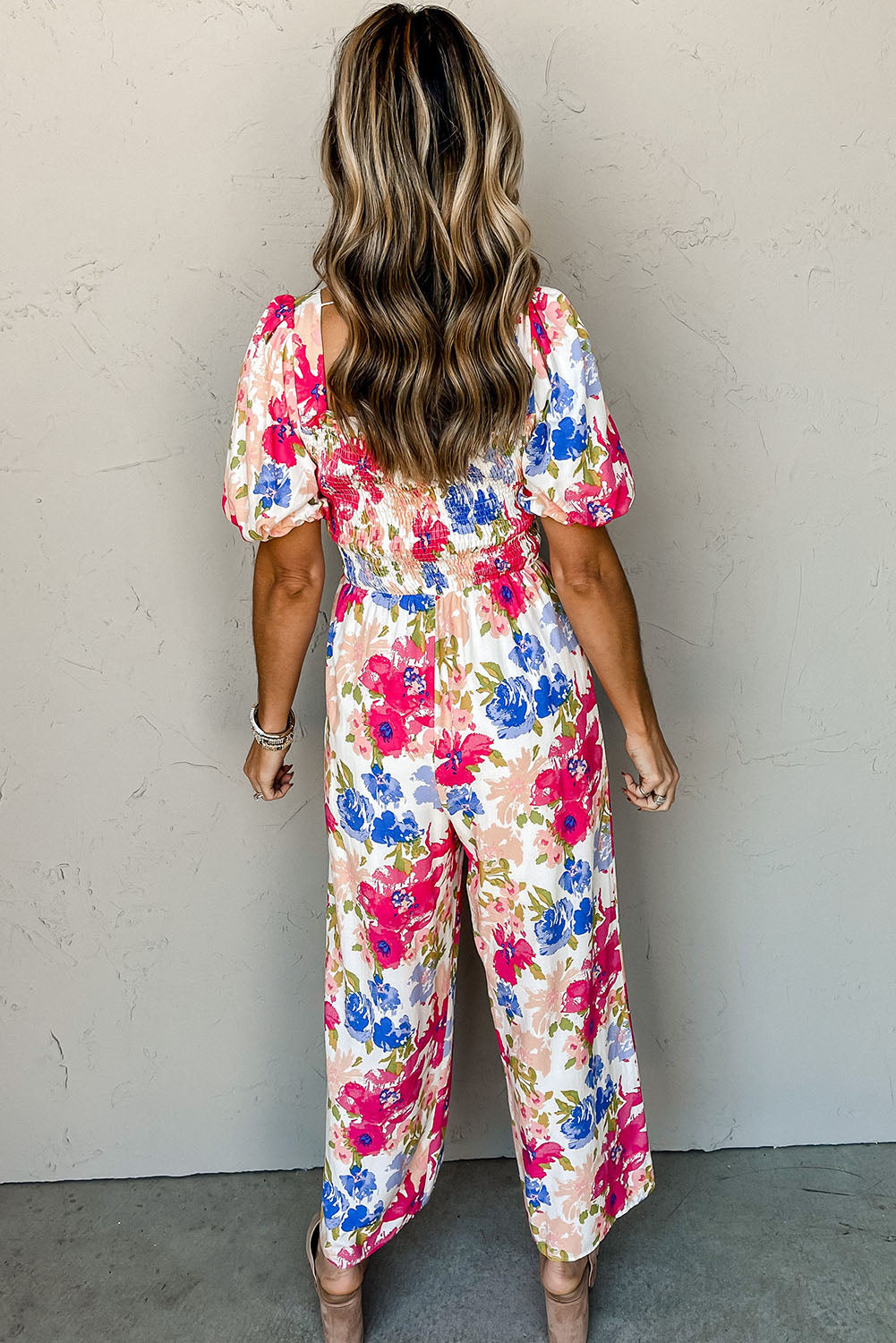 Multicolor Floral Print Smocked Puff Sleeve Jumpsuit Jumpsuits & Rompers JT's Designer Fashion