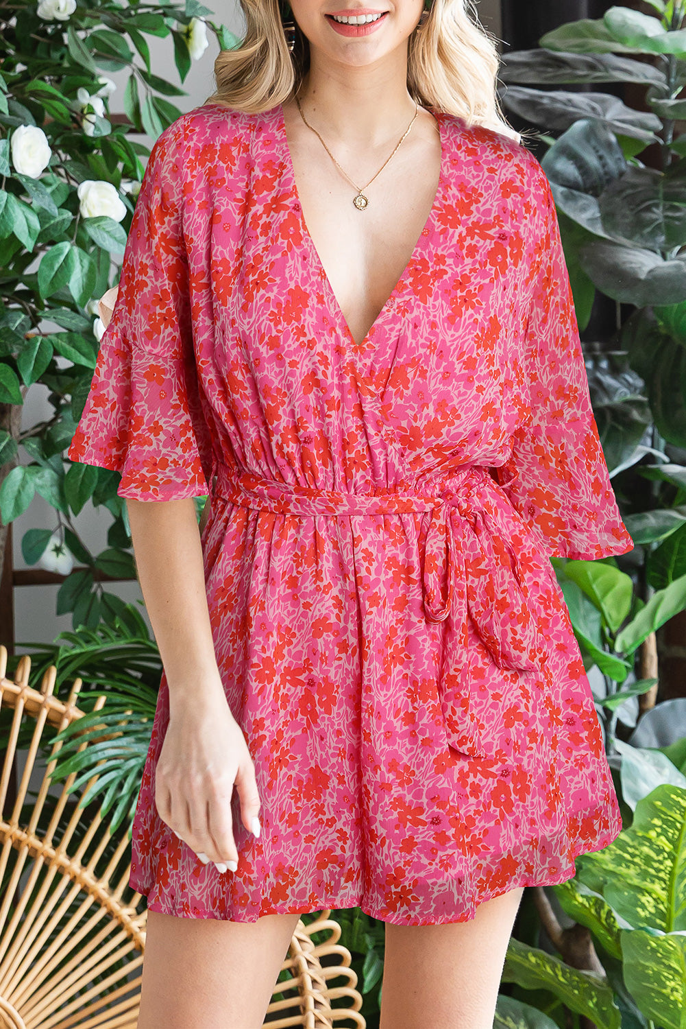 Pink V Neck Ruffled Sleeve Floral Romper Jumpsuits & Rompers JT's Designer Fashion