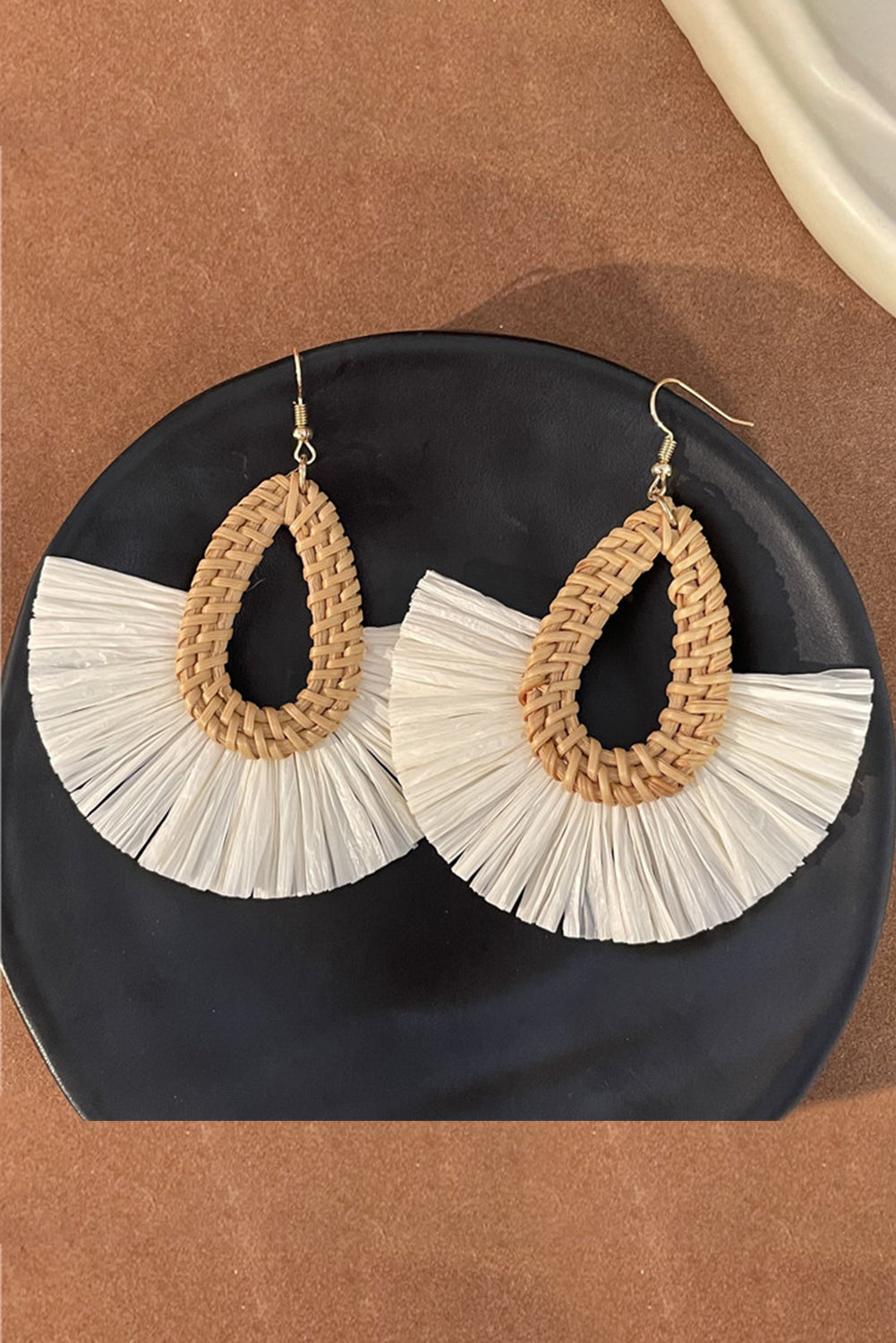 Beige Bohemian Semi-circle Woven Drop Earrings Jewelry JT's Designer Fashion